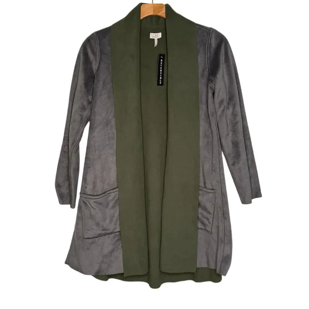 NWT LOGO LORI GOLDSTEIN Reversible green/gray fleece open cardigan size XXS